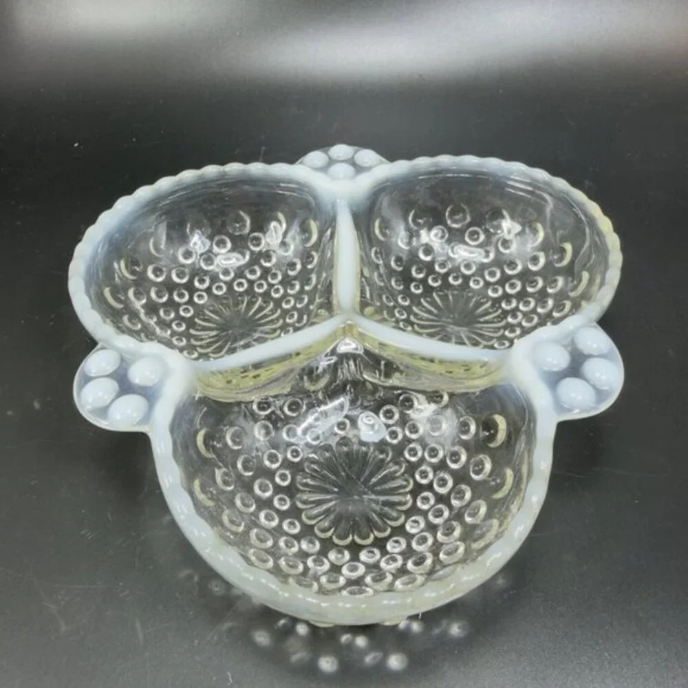 Anchor Hocking Moonstone Clear Opalescent Hobnail Relish Dish 3 Parts Glass Dish
